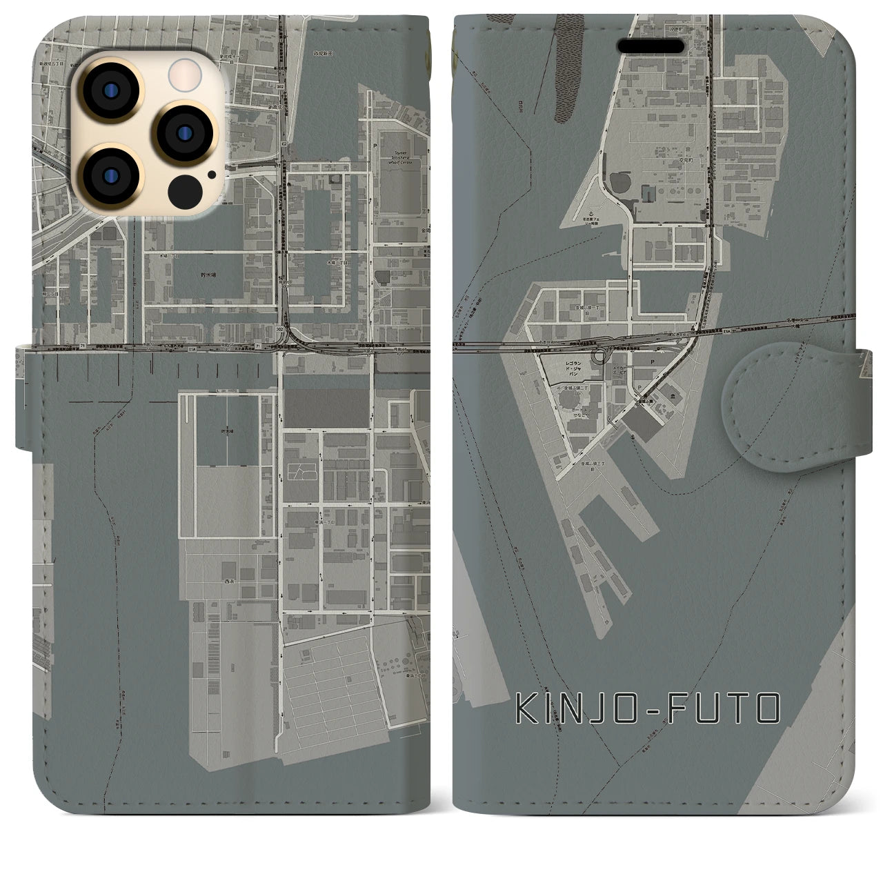 【金城ふ頭(愛知県)】地図柄iPhoneケース(手帳タイプ)モノトーン・iPhone 12 Pro Max 用