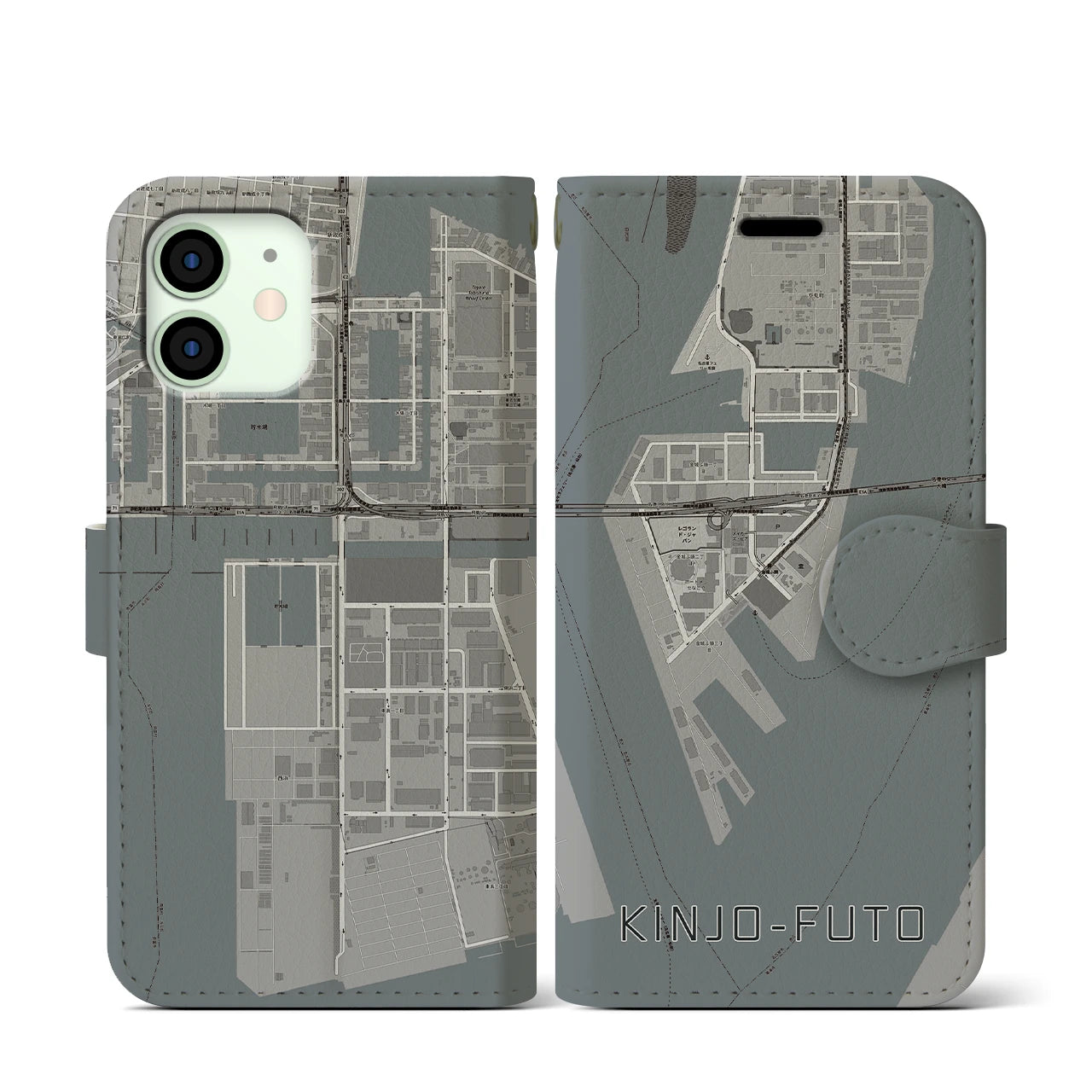 【金城ふ頭(愛知県)】地図柄iPhoneケース(手帳タイプ)モノトーン・iPhone 12 mini 用
