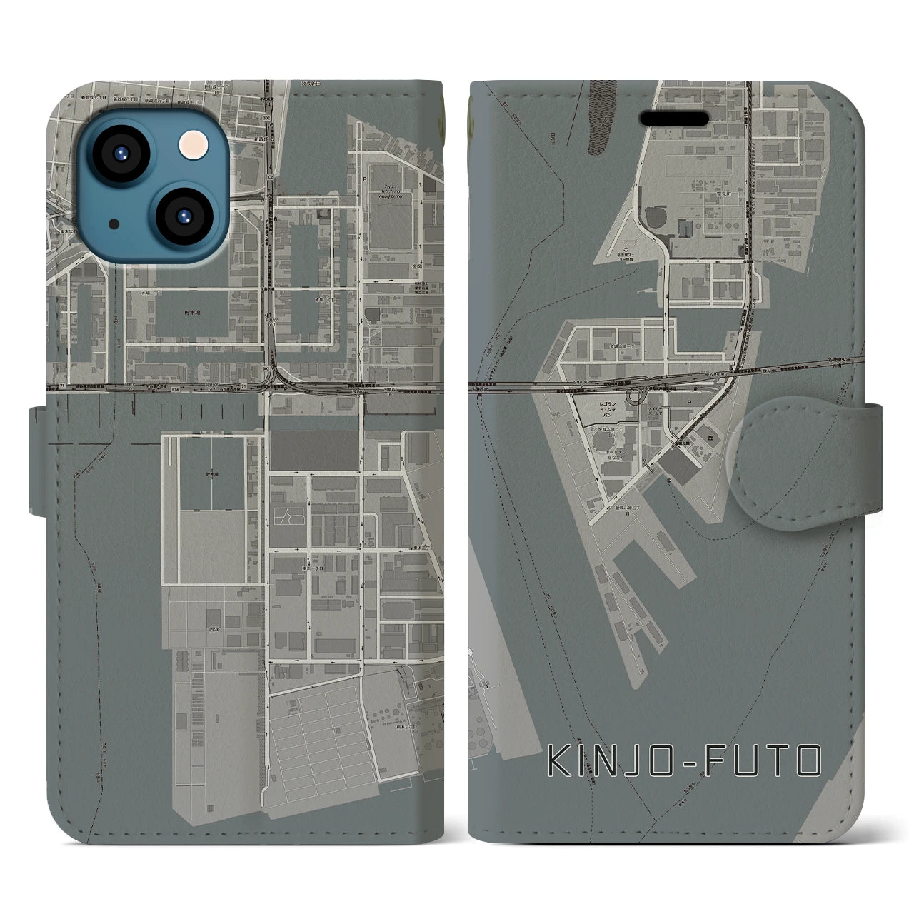 【金城ふ頭(愛知県)】地図柄iPhoneケース(手帳タイプ)モノトーン・iPhone 13 用