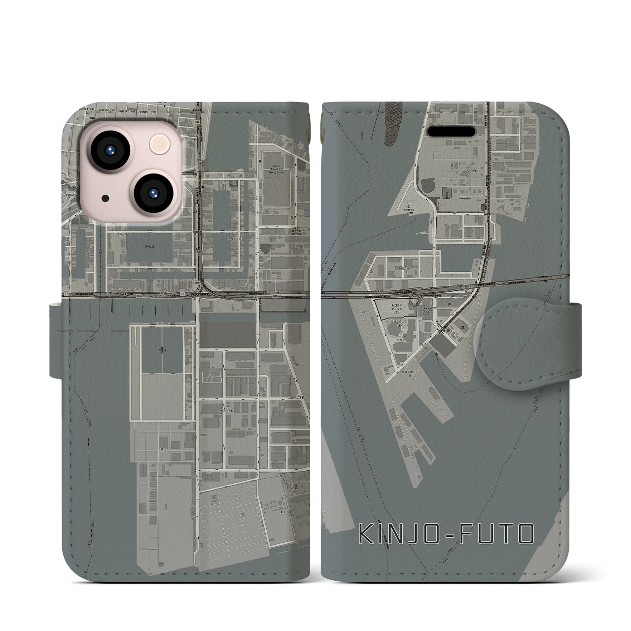 【金城ふ頭(愛知県)】地図柄iPhoneケース(手帳タイプ)モノトーン・iPhone 13 mini 用