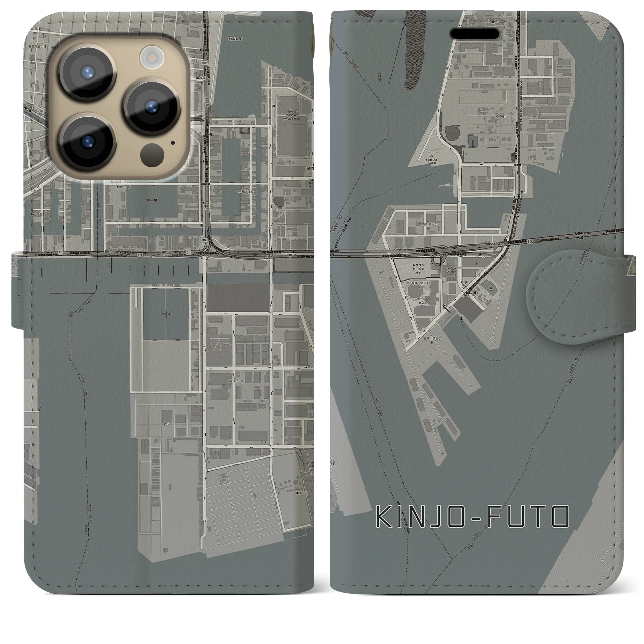 【金城ふ頭(愛知県)】地図柄iPhoneケース(手帳タイプ)モノトーン・iPhone 14 Pro Max 用