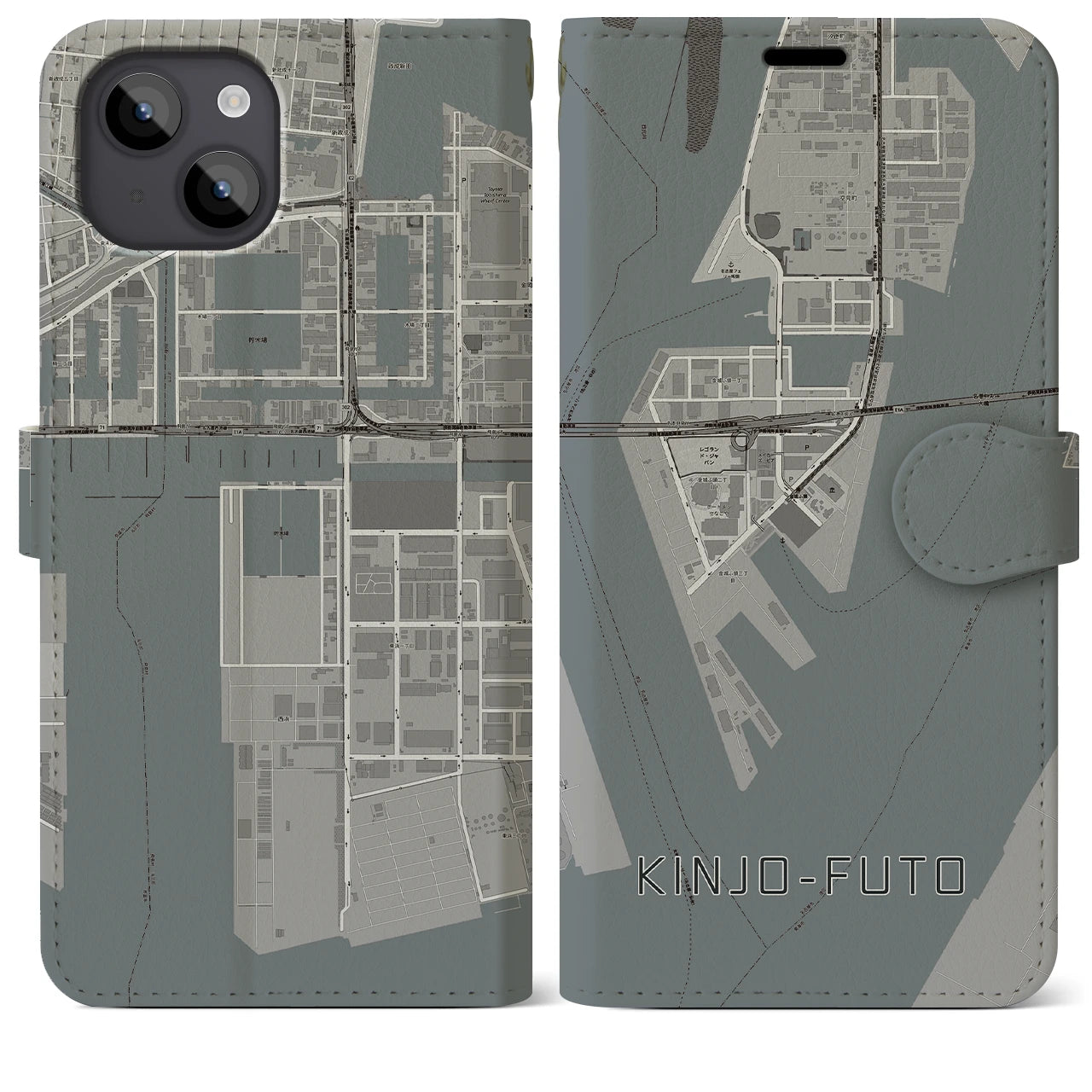 【金城ふ頭(愛知県)】地図柄iPhoneケース(手帳タイプ)モノトーン・iPhone 14 Plus 用