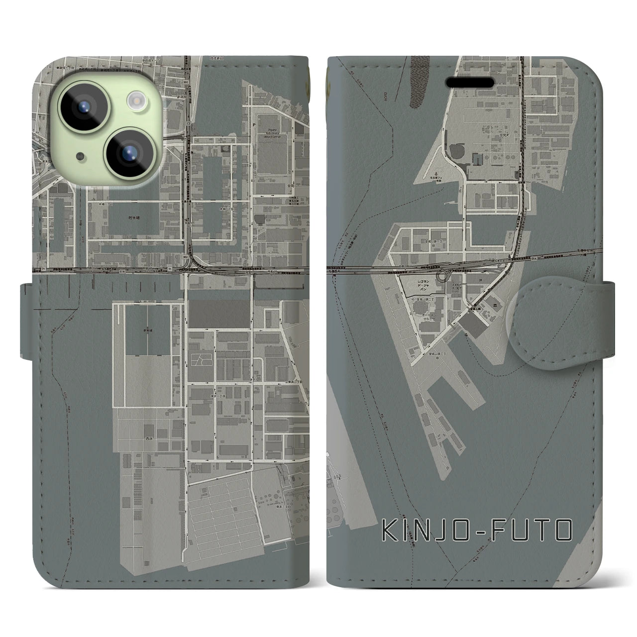 【金城ふ頭(愛知県)】地図柄iPhoneケース(手帳タイプ)モノトーン・iPhone 15 用