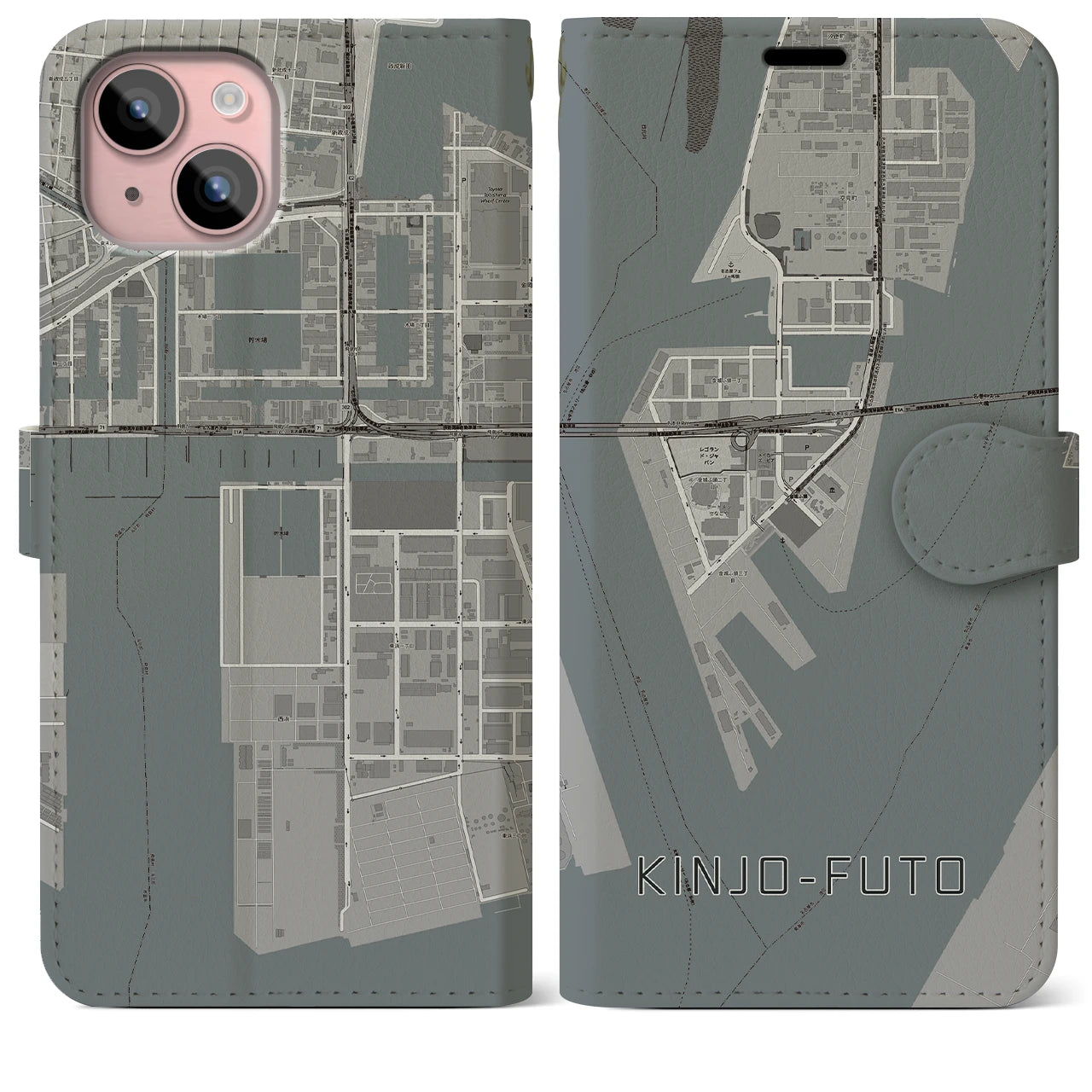 【金城ふ頭(愛知県)】地図柄iPhoneケース(手帳タイプ)モノトーン・iPhone 15 Plus 用