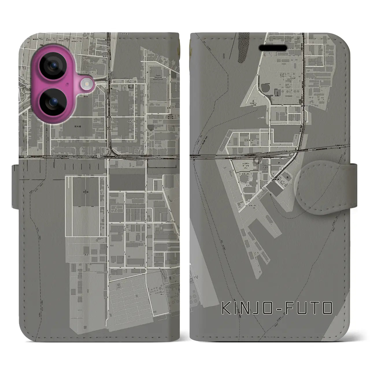 【金城ふ頭(愛知県)】地図柄iPhoneケース(手帳タイプ)モノトーン・iPhone 16 Pro 用