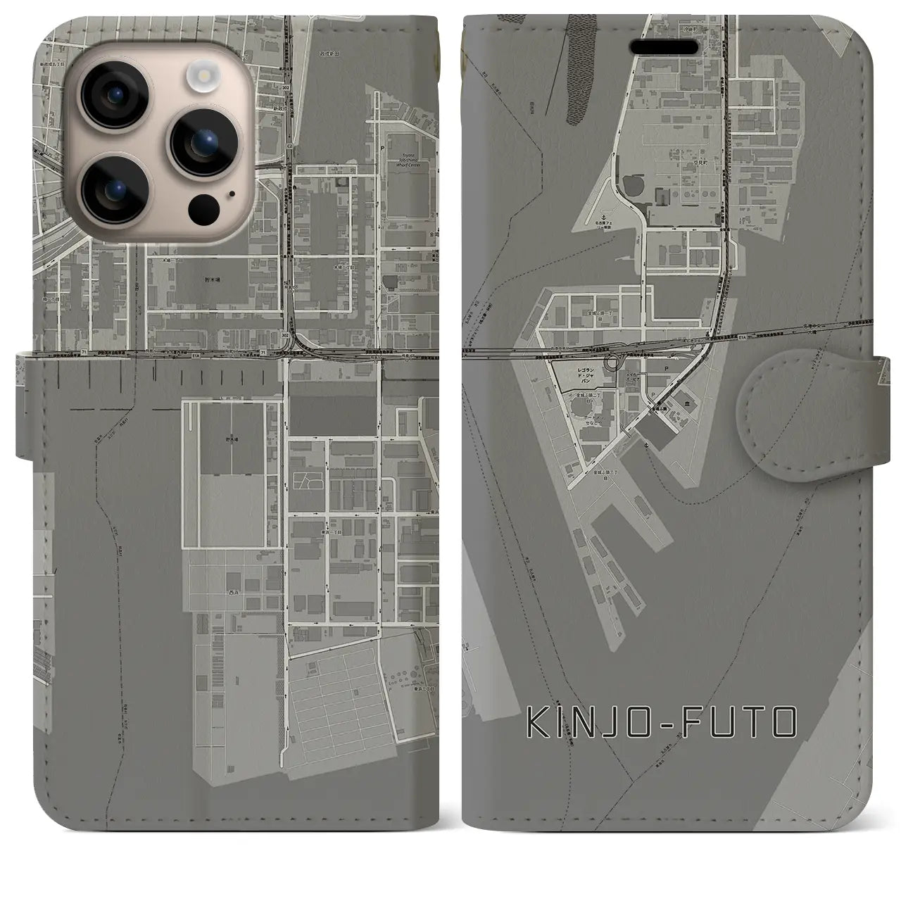 【金城ふ頭(愛知県)】地図柄iPhoneケース(手帳タイプ)モノトーン・iPhone 16 Plus 用