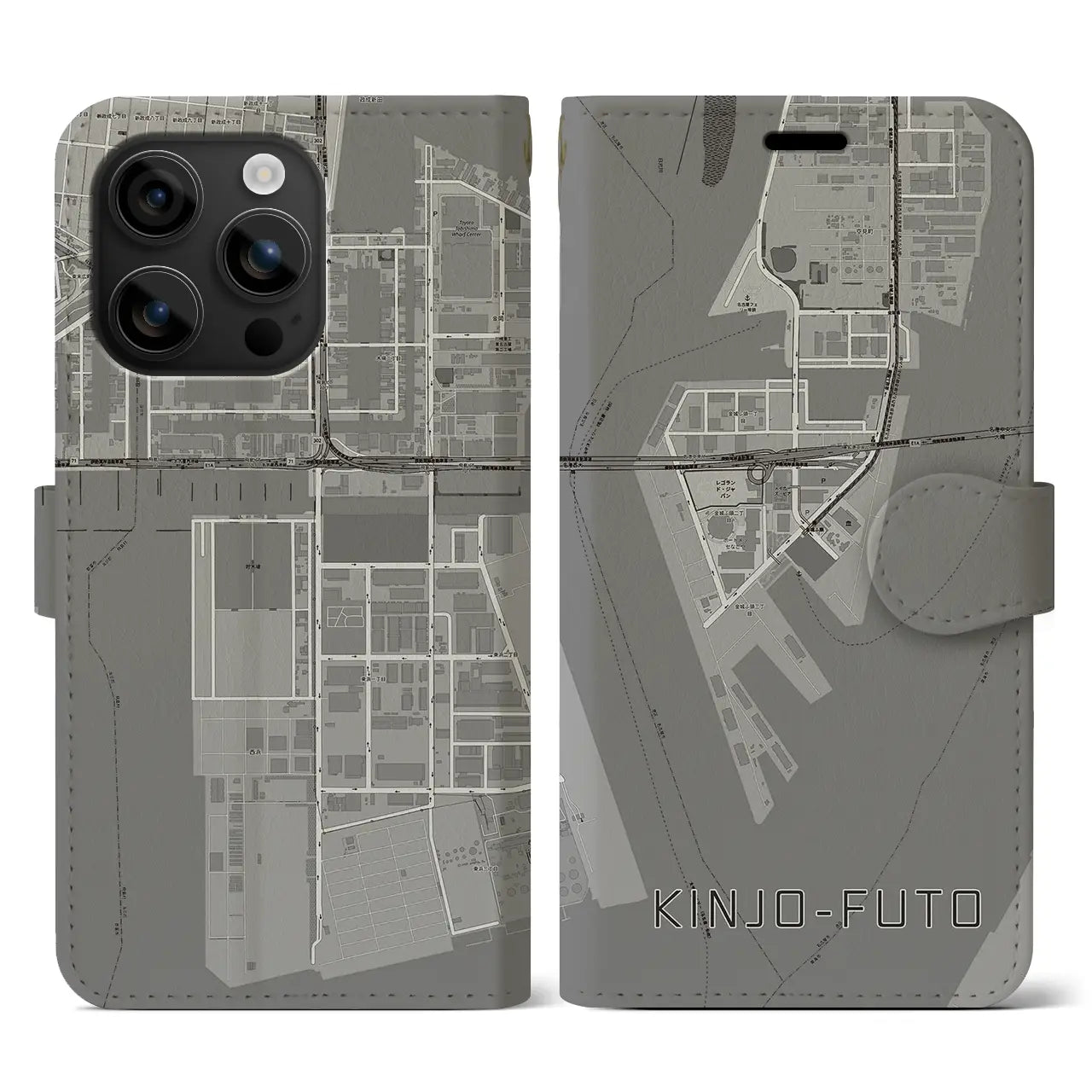 【金城ふ頭(愛知県)】地図柄iPhoneケース(手帳タイプ)モノトーン・iPhone 16 用