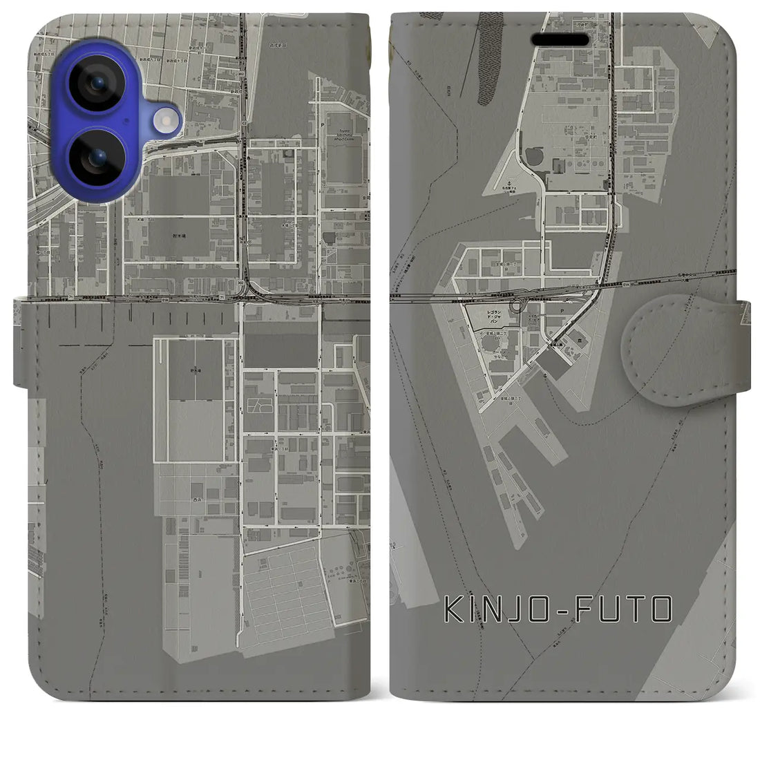 【金城ふ頭(愛知県)】地図柄iPhoneケース(手帳タイプ)モノトーン・iPhone 16 Pro Max 用