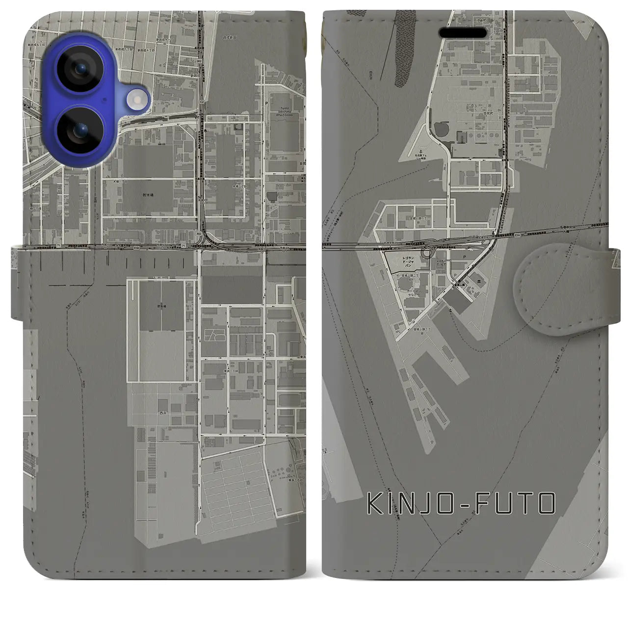 【金城ふ頭(愛知県)】地図柄iPhoneケース(手帳タイプ)モノトーン・iPhone 16 Pro Max 用