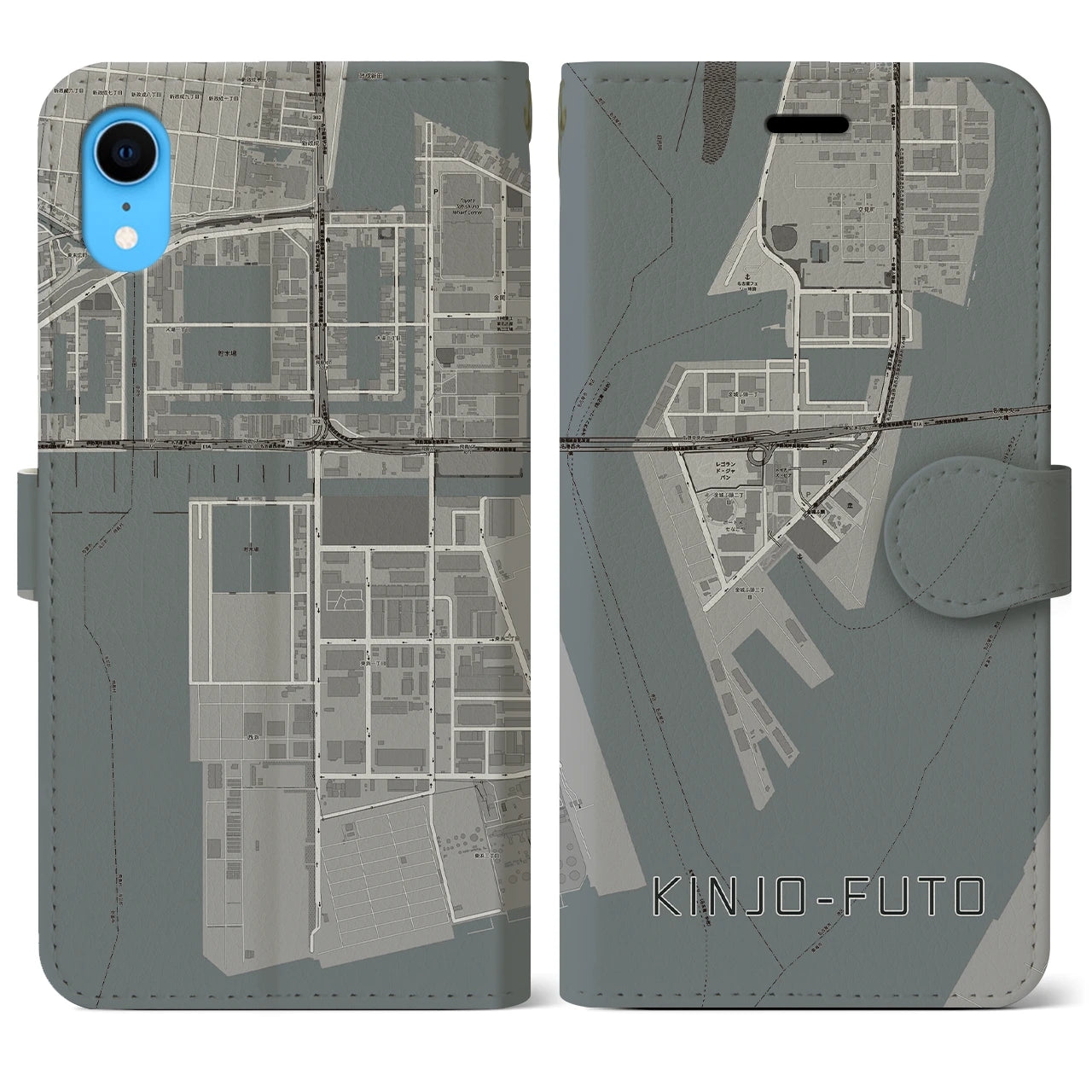 【金城ふ頭(愛知県)】地図柄iPhoneケース(手帳タイプ)モノトーン・iPhone XR 用