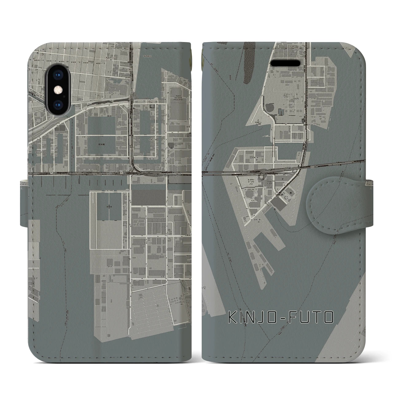 【金城ふ頭(愛知県)】地図柄iPhoneケース(手帳タイプ)モノトーン・iPhone XS / X 用