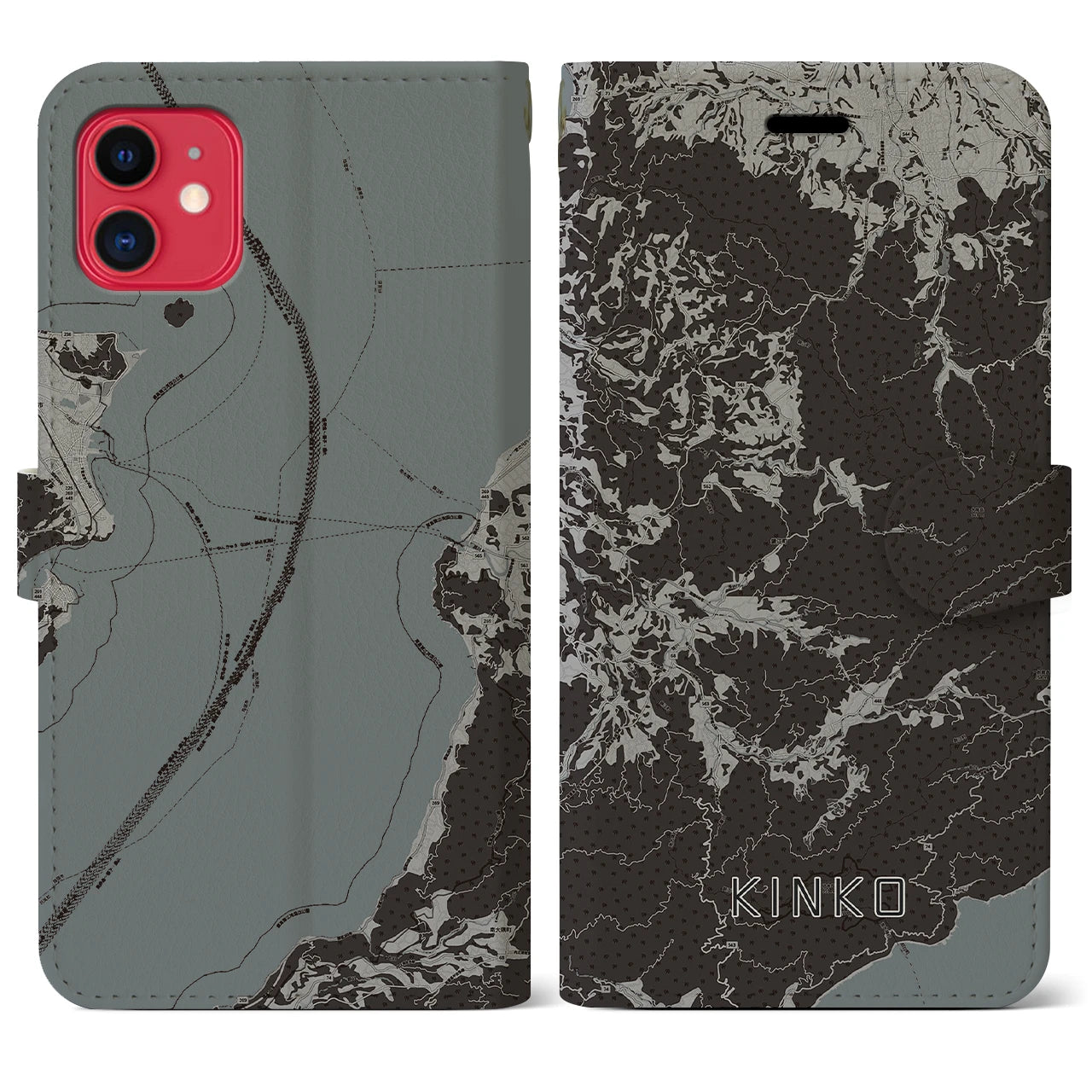【錦江(鹿児島県)】地図柄iPhoneケース(手帳タイプ)モノトーン・iPhone 11 用
