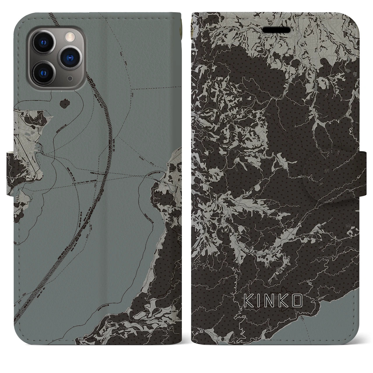 【錦江(鹿児島県)】地図柄iPhoneケース(手帳タイプ)モノトーン・iPhone 11 Pro Max 用