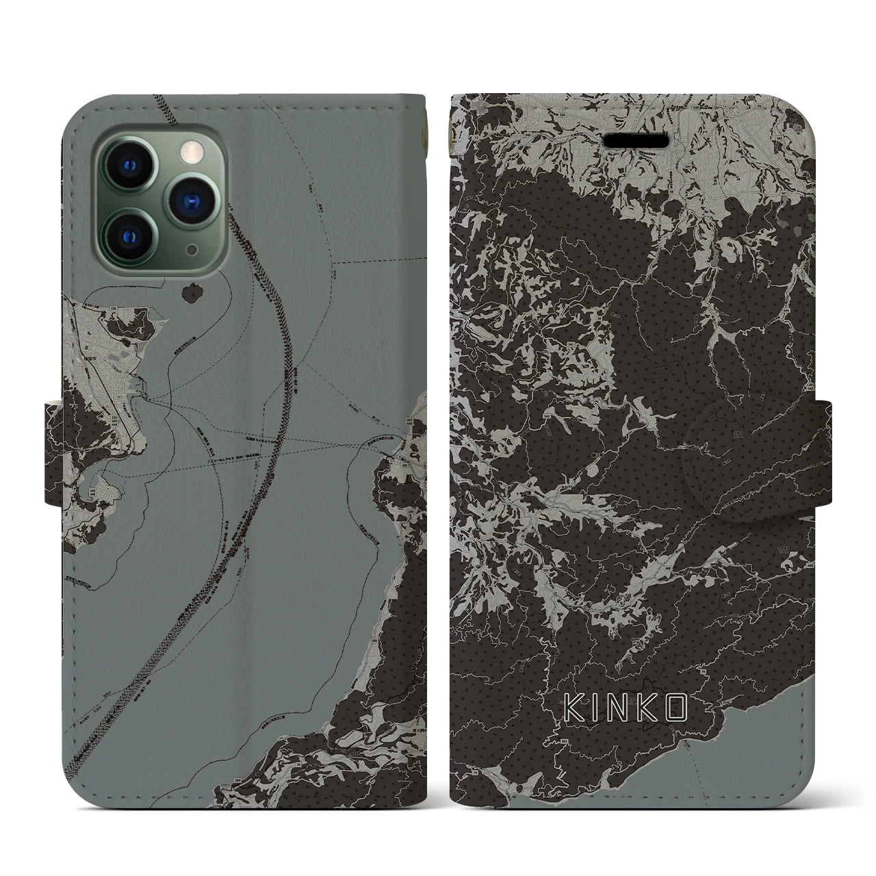 【錦江(鹿児島県)】地図柄iPhoneケース(手帳タイプ)モノトーン・iPhone 11 Pro 用