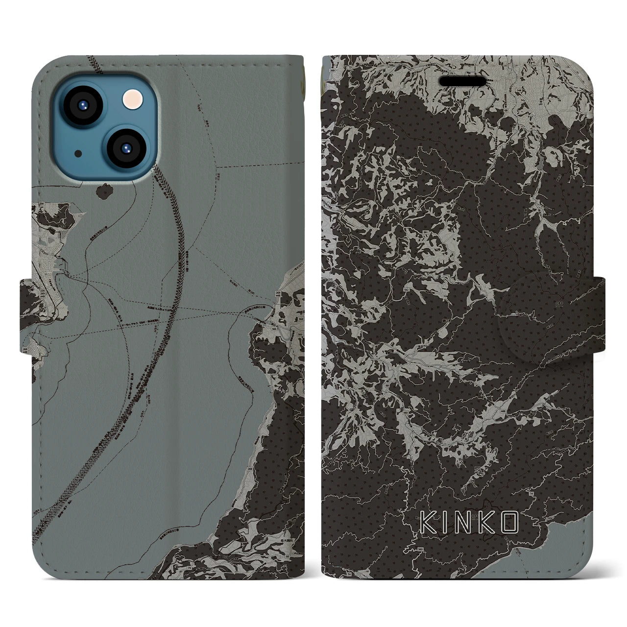 【錦江(鹿児島県)】地図柄iPhoneケース(手帳タイプ)モノトーン・iPhone 13 用