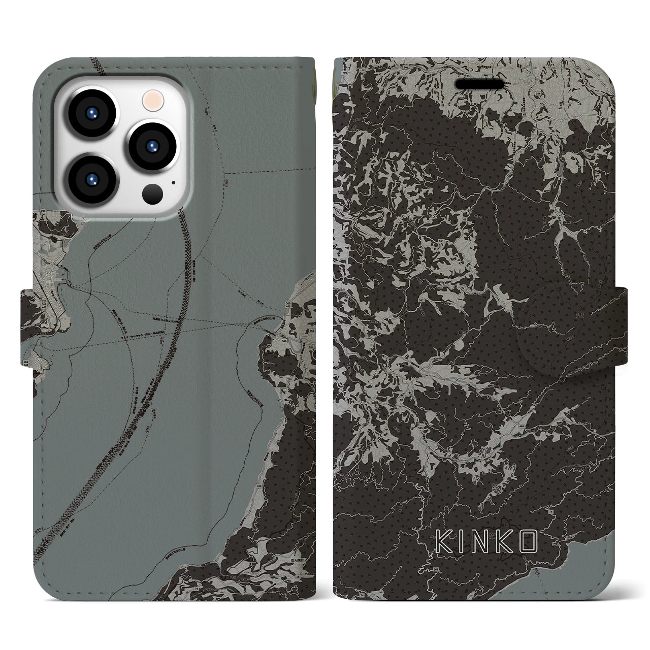 【錦江(鹿児島県)】地図柄iPhoneケース(手帳タイプ)モノトーン・iPhone 13 Pro 用
