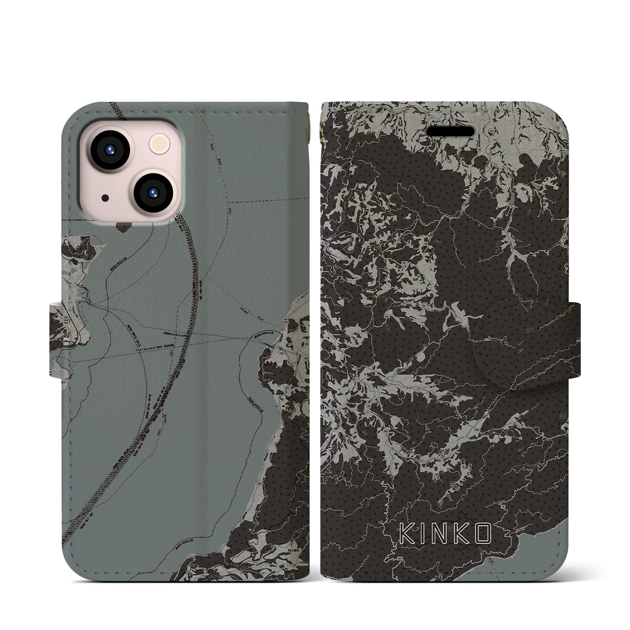 【錦江(鹿児島県)】地図柄iPhoneケース(手帳タイプ)モノトーン・iPhone 13 mini 用