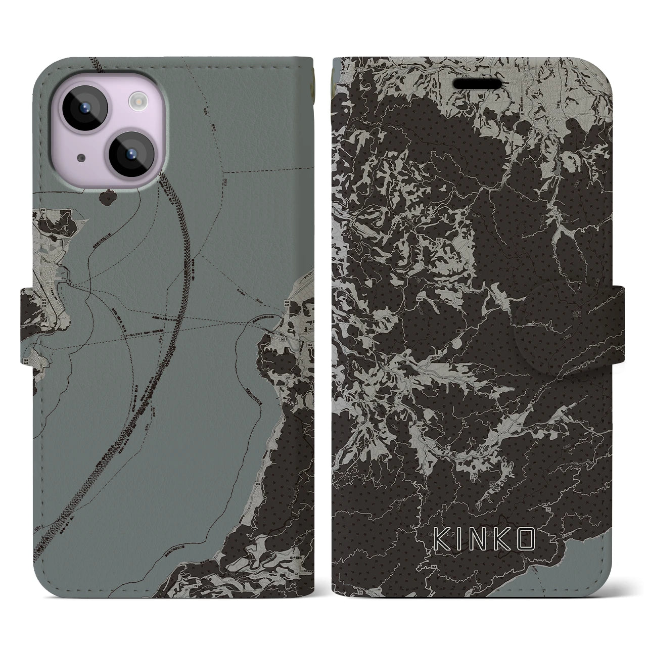【錦江(鹿児島県)】地図柄iPhoneケース(手帳タイプ)モノトーン・iPhone 14 用