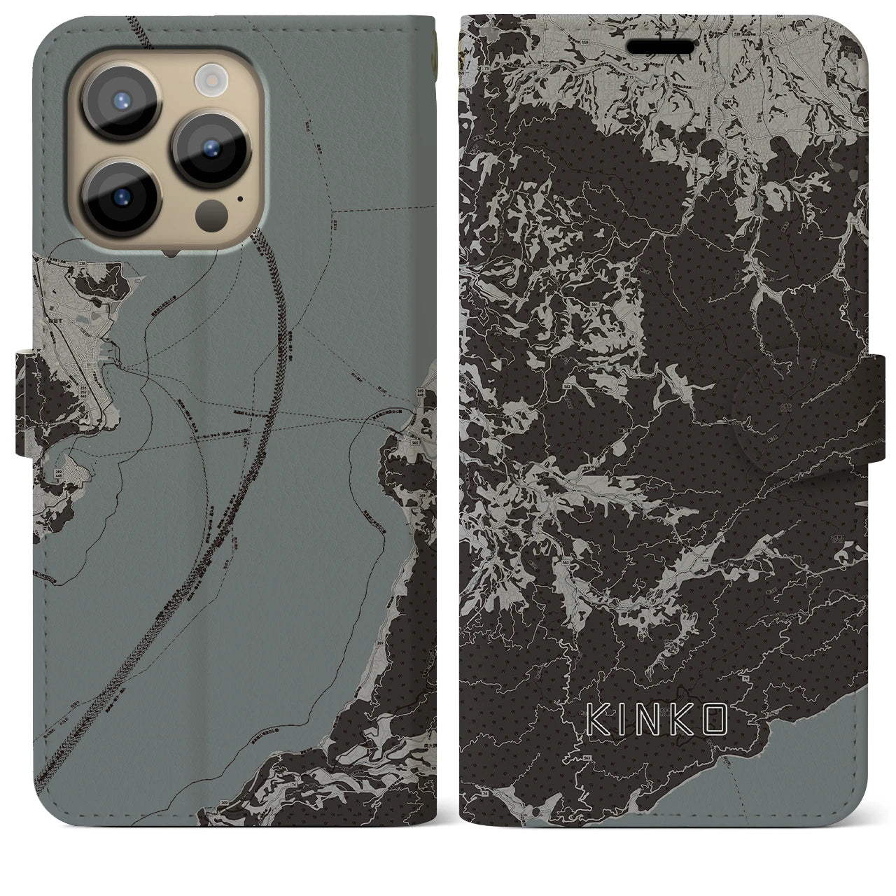 【錦江(鹿児島県)】地図柄iPhoneケース(手帳タイプ)モノトーン・iPhone 14 Pro Max 用