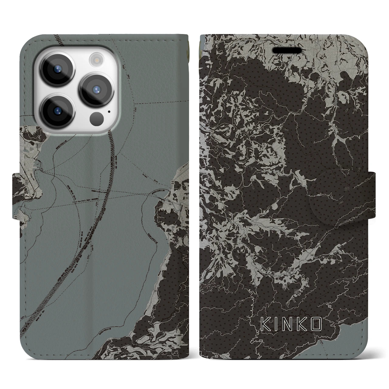 【錦江(鹿児島県)】地図柄iPhoneケース(手帳タイプ)モノトーン・iPhone 14 Pro 用