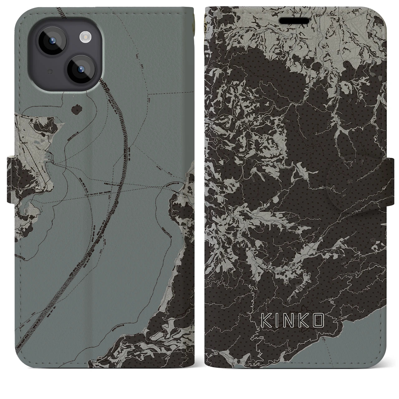 【錦江(鹿児島県)】地図柄iPhoneケース(手帳タイプ)モノトーン・iPhone 14 Plus 用