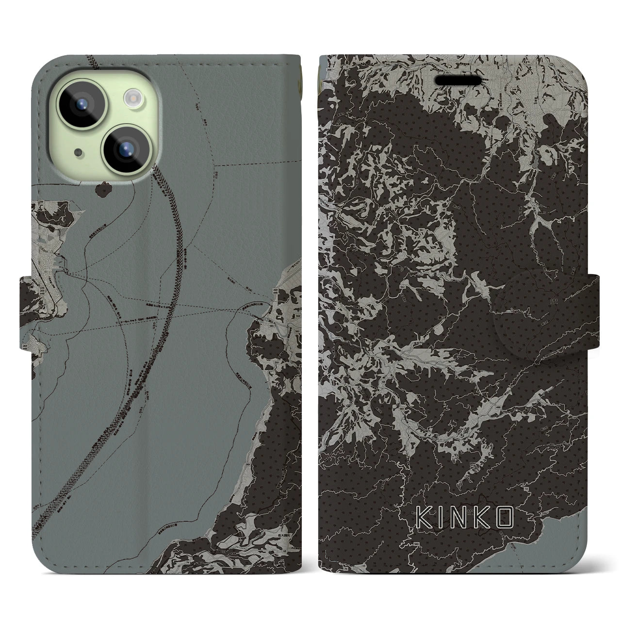 【錦江(鹿児島県)】地図柄iPhoneケース(手帳タイプ)モノトーン・iPhone 15 用