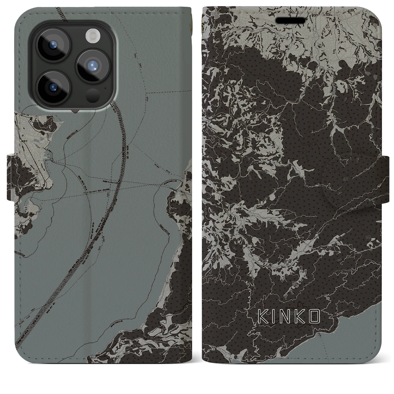 【錦江(鹿児島県)】地図柄iPhoneケース(手帳タイプ)モノトーン・iPhone 15 Pro Max 用