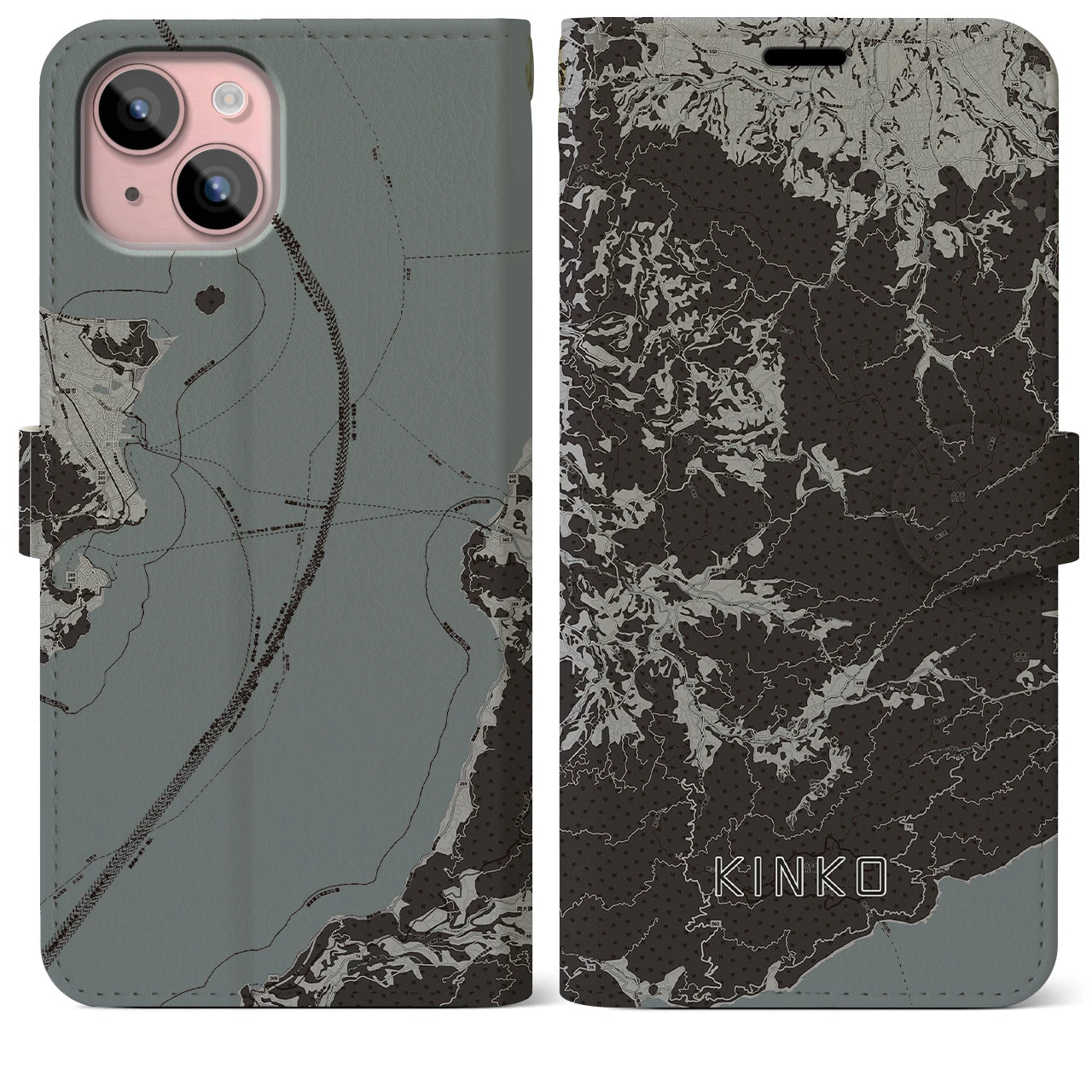 【錦江(鹿児島県)】地図柄iPhoneケース(手帳タイプ)モノトーン・iPhone 15 Plus 用