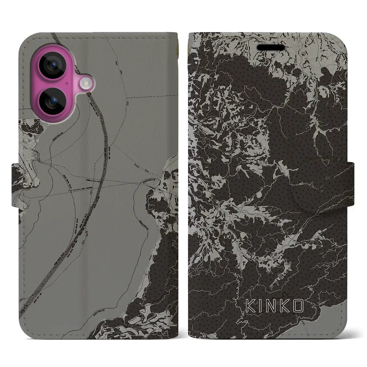 【錦江(鹿児島県)】地図柄iPhoneケース(手帳タイプ)モノトーン・iPhone 16 Pro 用