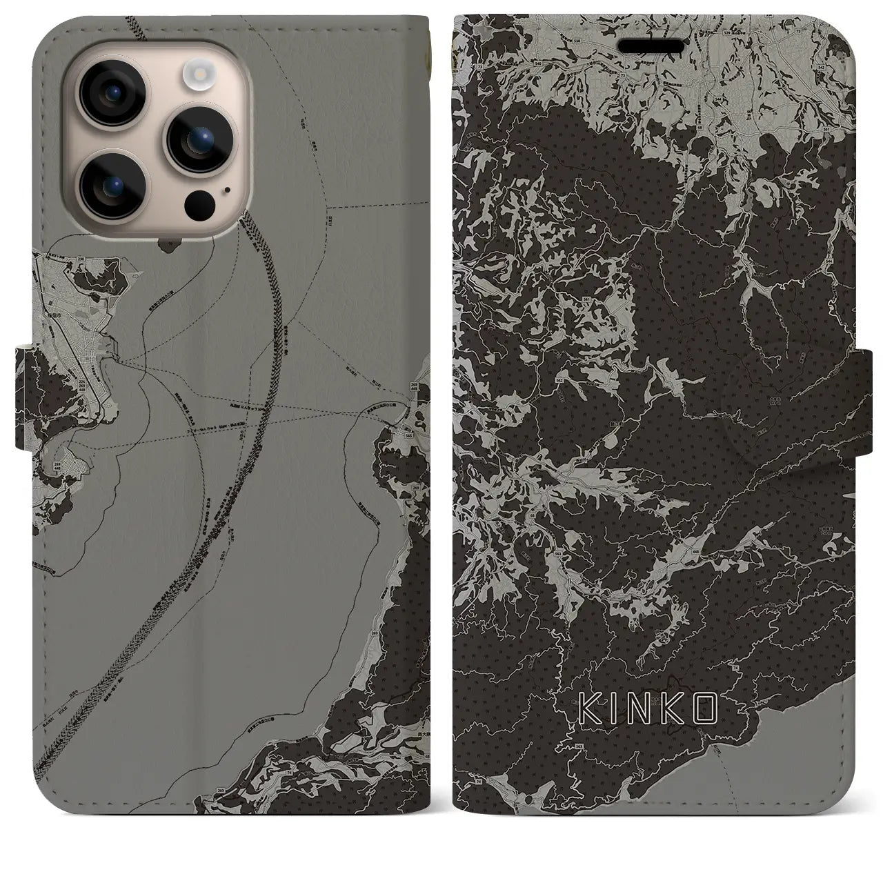 【錦江(鹿児島県)】地図柄iPhoneケース(手帳タイプ)モノトーン・iPhone 16 Plus 用