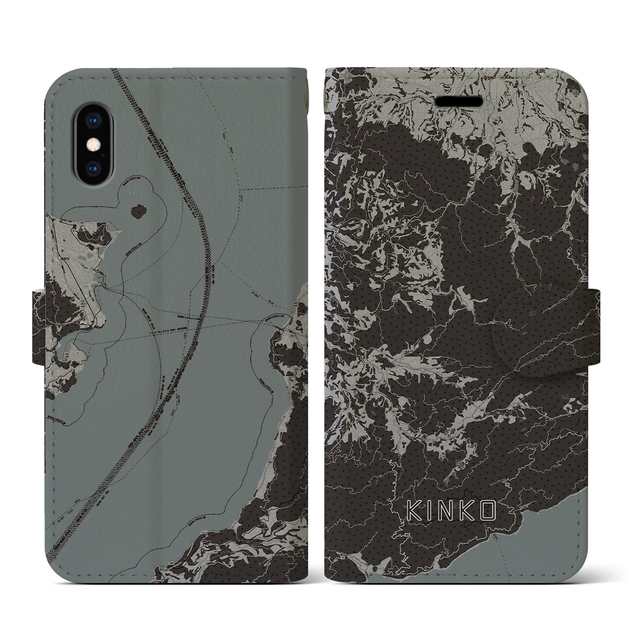 【錦江(鹿児島県)】地図柄iPhoneケース(手帳タイプ)モノトーン・iPhone XS / X 用