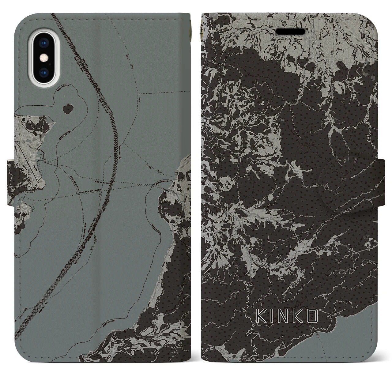 【錦江(鹿児島県)】地図柄iPhoneケース(手帳タイプ)モノトーン・iPhone XS Max 用