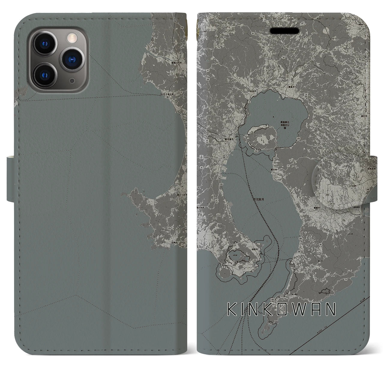 【錦江湾(鹿児島県)】地図柄iPhoneケース(手帳タイプ)モノトーン・iPhone 11 Pro Max 用