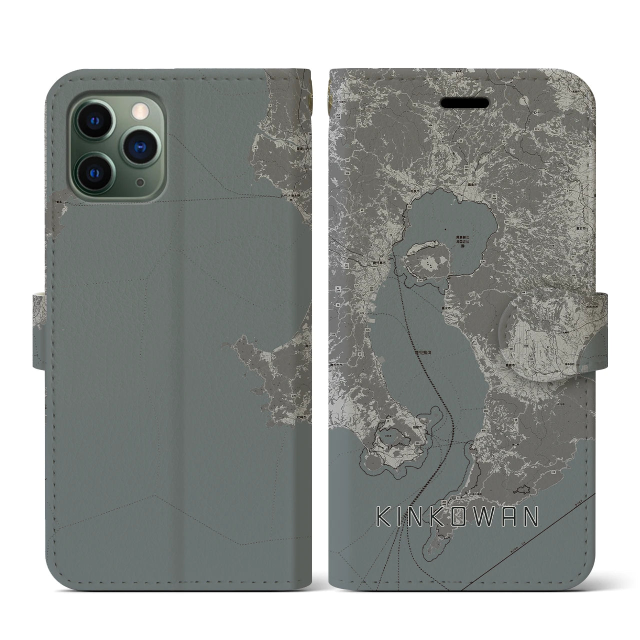 【錦江湾(鹿児島県)】地図柄iPhoneケース(手帳タイプ)モノトーン・iPhone 11 Pro 用