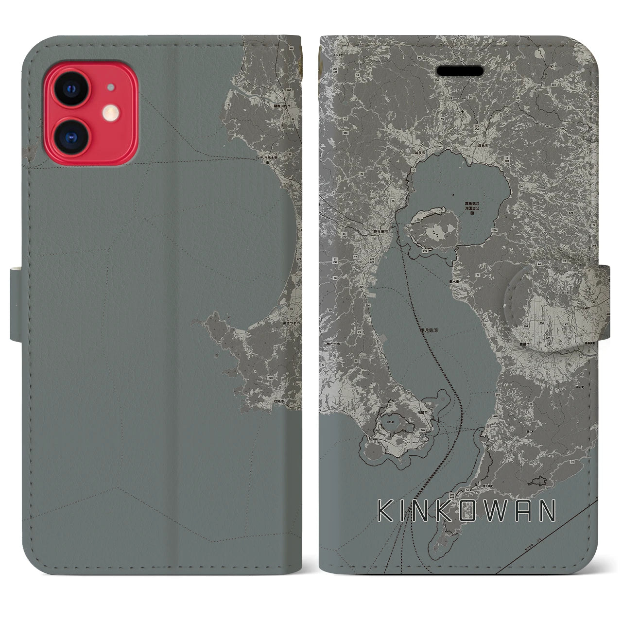 【錦江湾(鹿児島県)】地図柄iPhoneケース(手帳タイプ)モノトーン・iPhone 11 用
