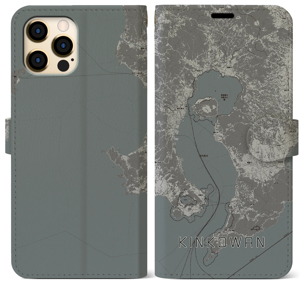 【錦江湾(鹿児島県)】地図柄iPhoneケース(手帳タイプ)モノトーン・iPhone 12 Pro Max 用