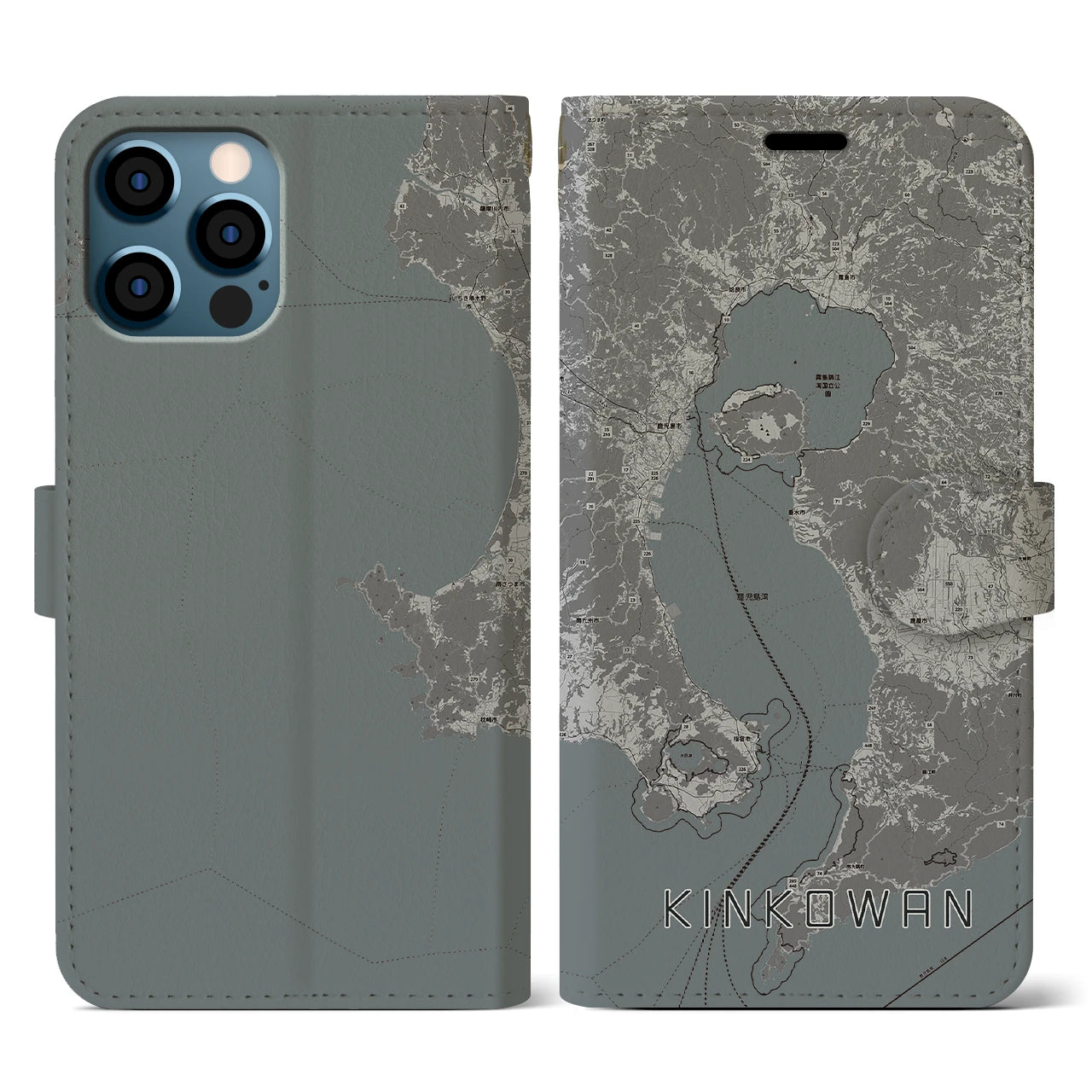 【錦江湾(鹿児島県)】地図柄iPhoneケース(手帳タイプ)モノトーン・iPhone 12 / 12 Pro 用