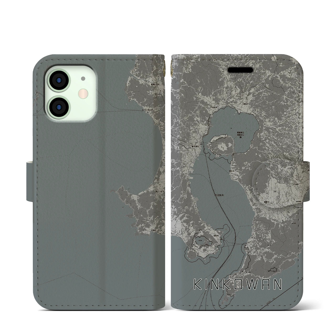 【錦江湾(鹿児島県)】地図柄iPhoneケース(手帳タイプ)モノトーン・iPhone 12 mini 用