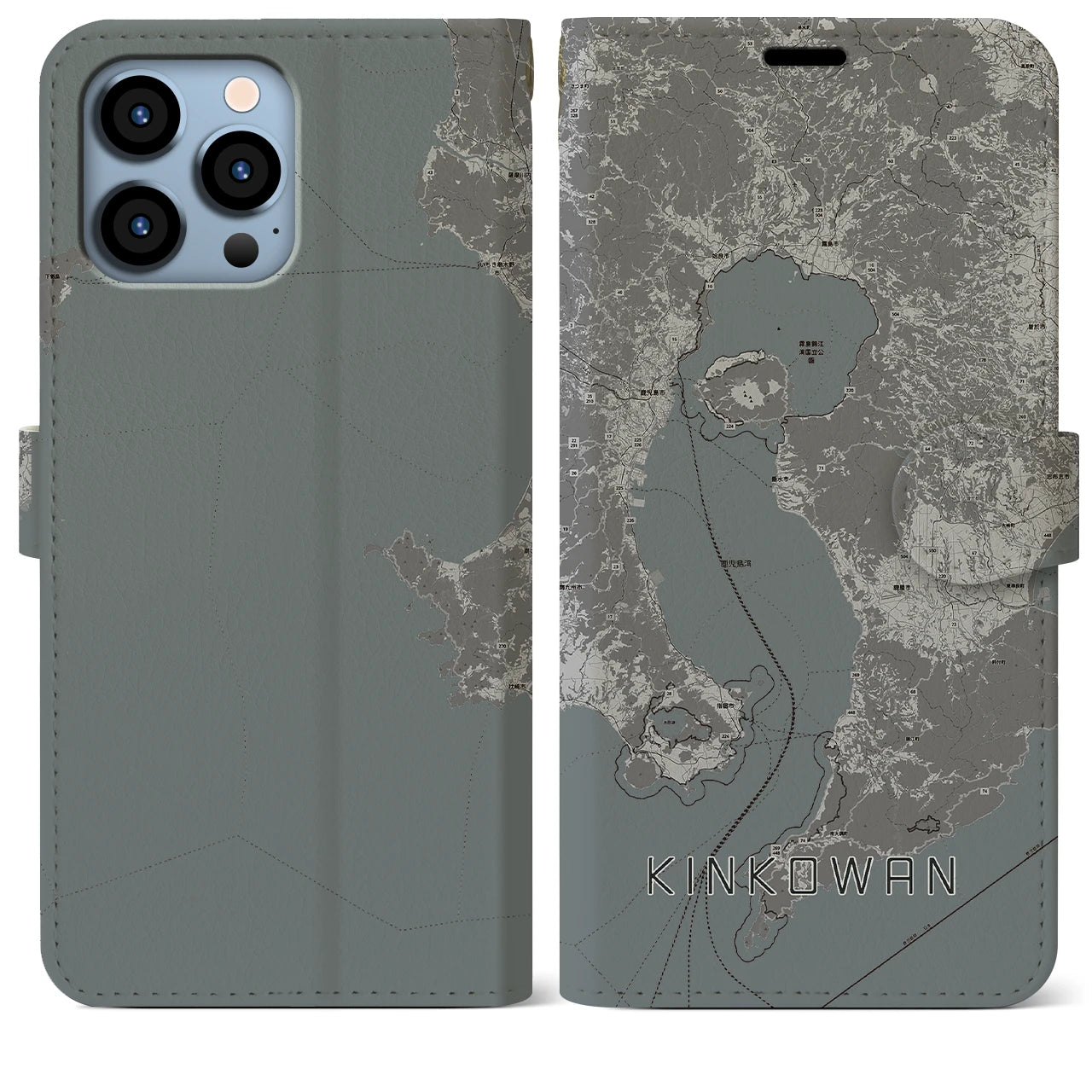 【錦江湾(鹿児島県)】地図柄iPhoneケース(手帳タイプ)モノトーン・iPhone 13 Pro Max 用
