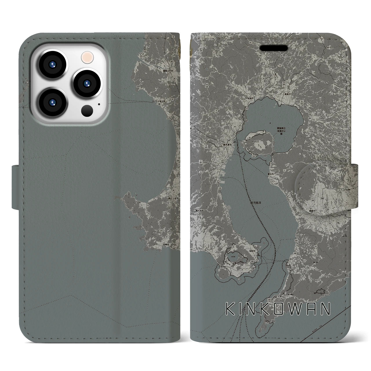 【錦江湾(鹿児島県)】地図柄iPhoneケース(手帳タイプ)モノトーン・iPhone 13 Pro 用