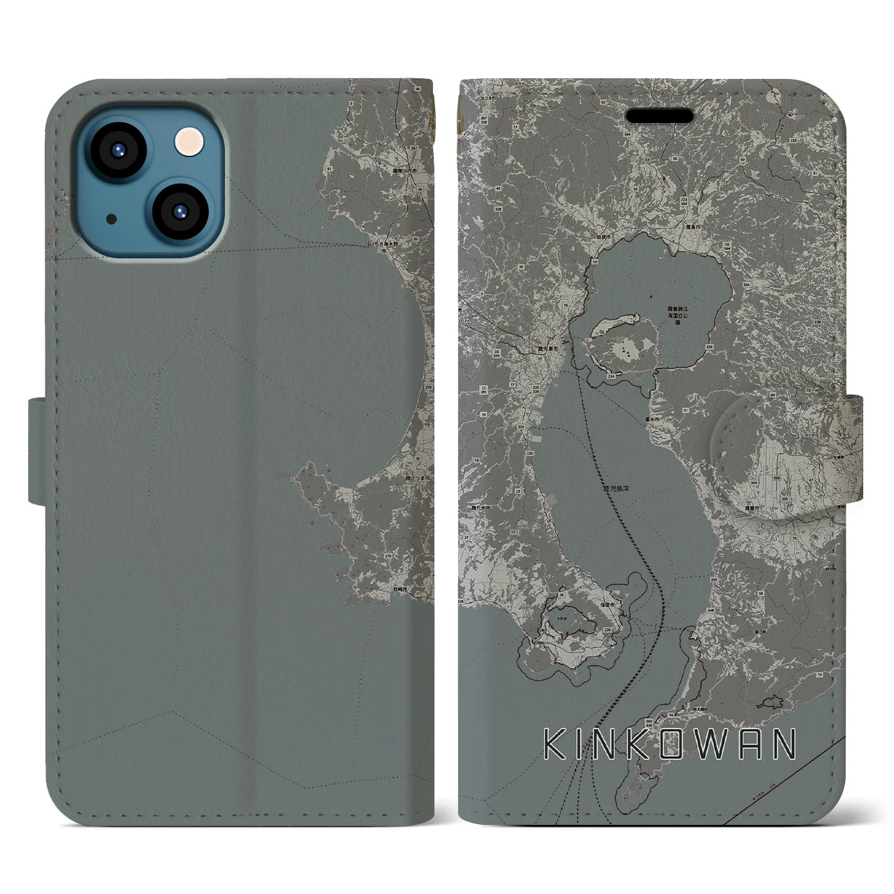 【錦江湾(鹿児島県)】地図柄iPhoneケース(手帳タイプ)モノトーン・iPhone 13 用