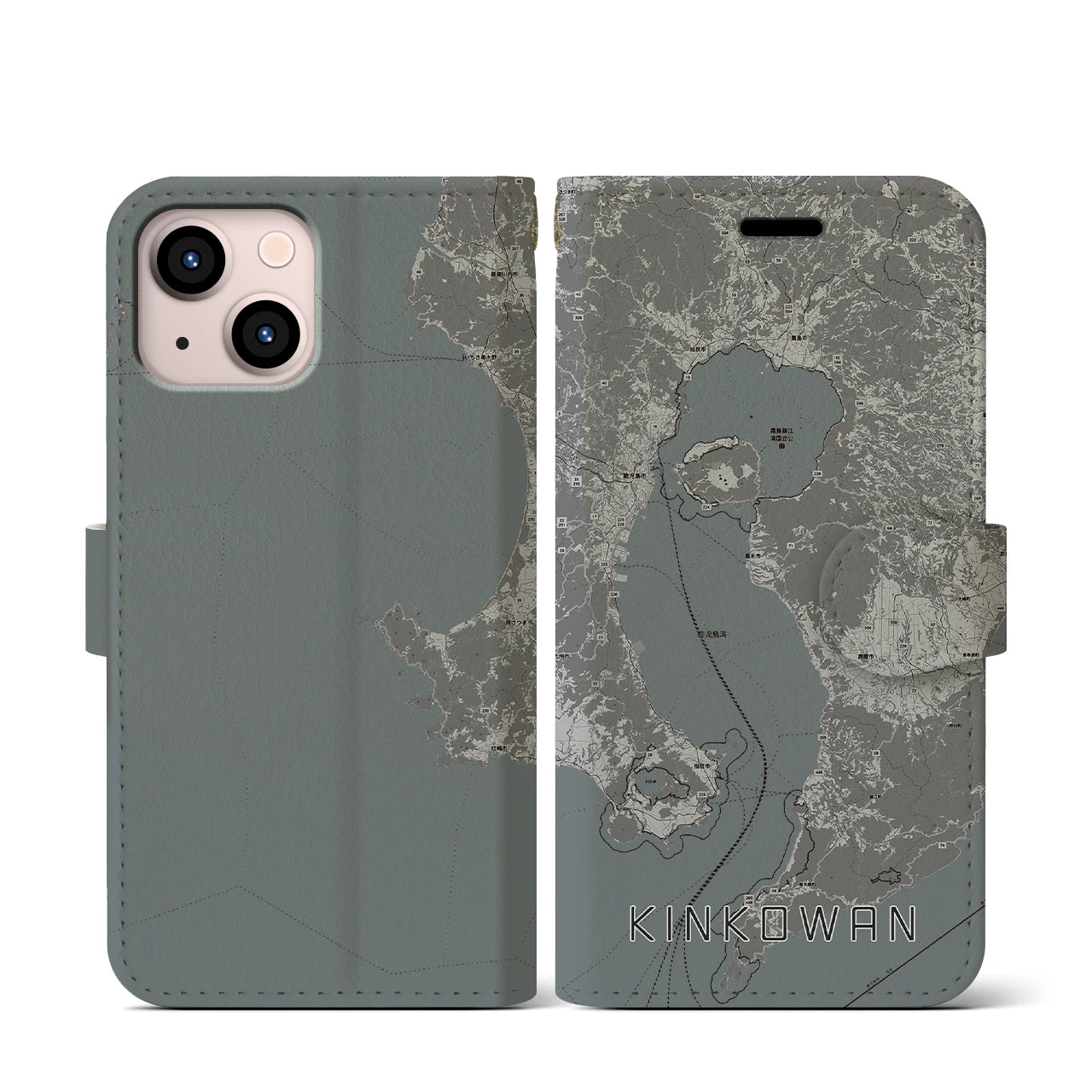 【錦江湾(鹿児島県)】地図柄iPhoneケース(手帳タイプ)モノトーン・iPhone 13 mini 用