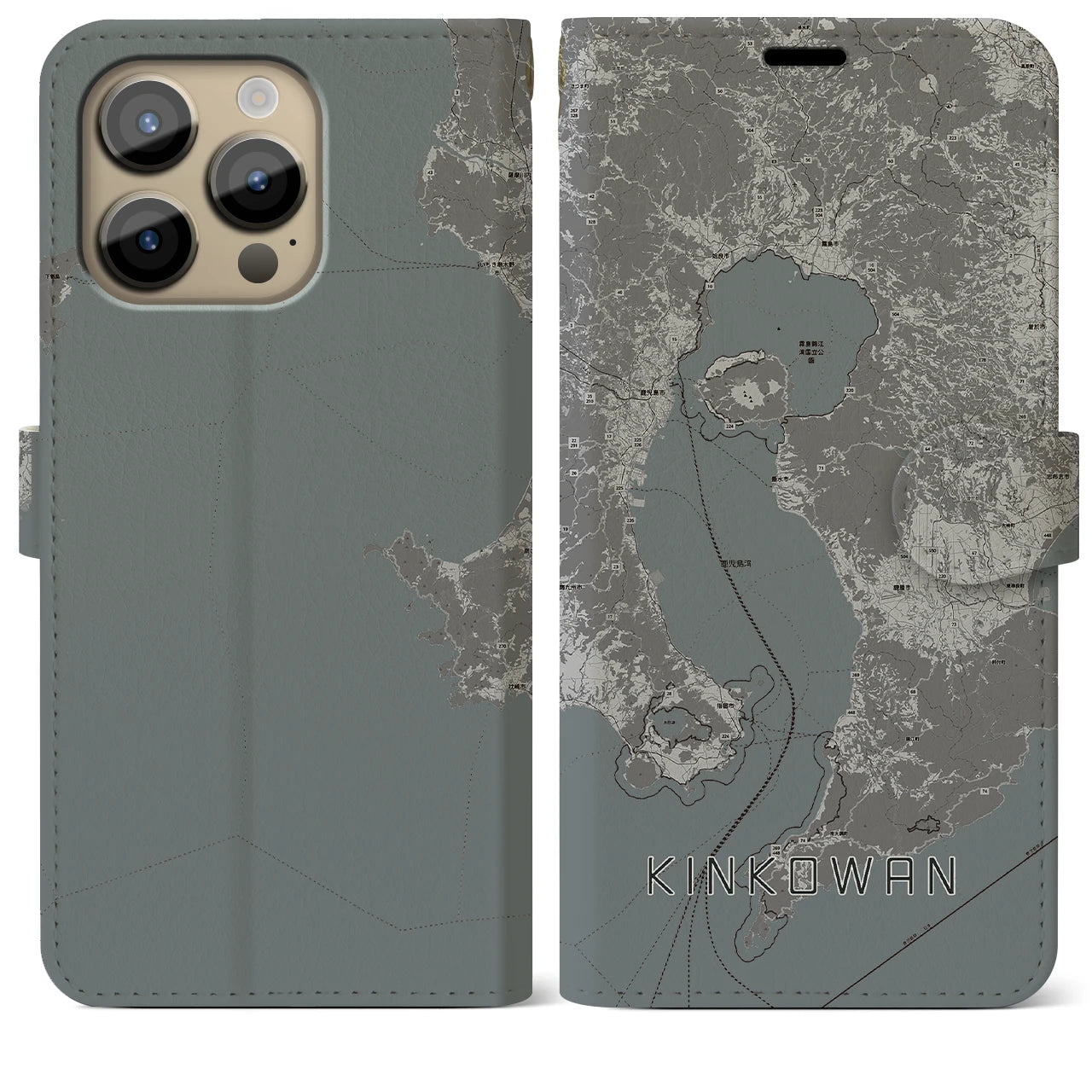 【錦江湾(鹿児島県)】地図柄iPhoneケース(手帳タイプ)モノトーン・iPhone 14 Pro Max 用