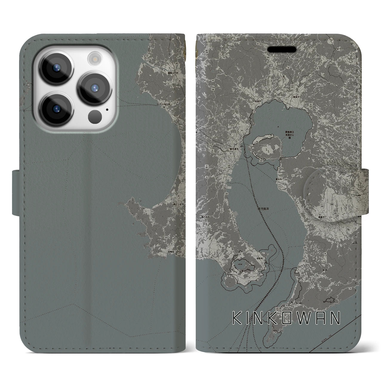 【錦江湾(鹿児島県)】地図柄iPhoneケース(手帳タイプ)モノトーン・iPhone 14 Pro 用
