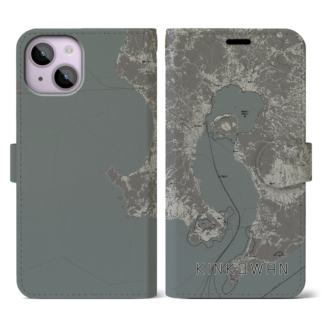 【錦江湾(鹿児島県)】地図柄iPhoneケース(手帳タイプ)モノトーン・iPhone 14 用