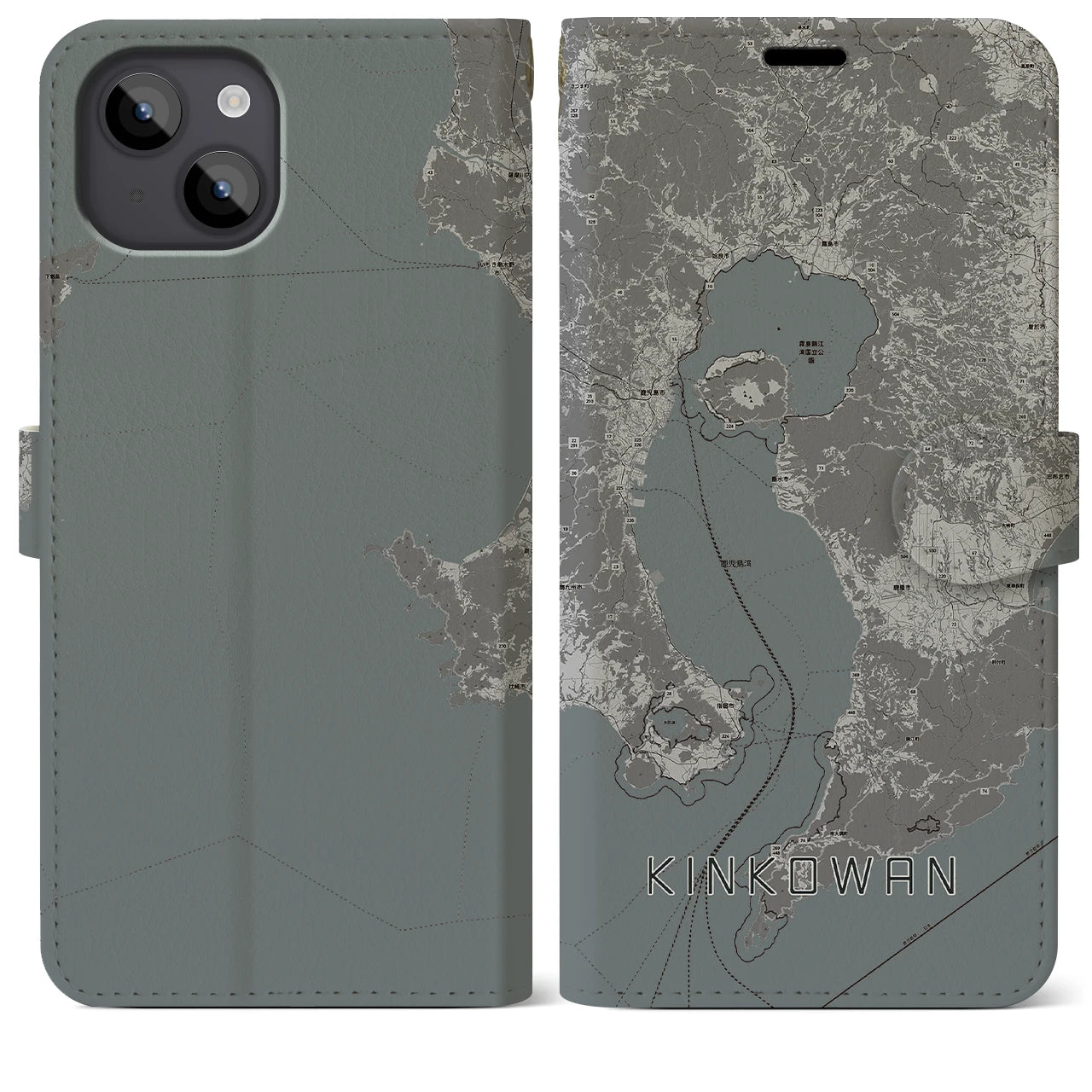 【錦江湾(鹿児島県)】地図柄iPhoneケース(手帳タイプ)モノトーン・iPhone 14 Plus 用
