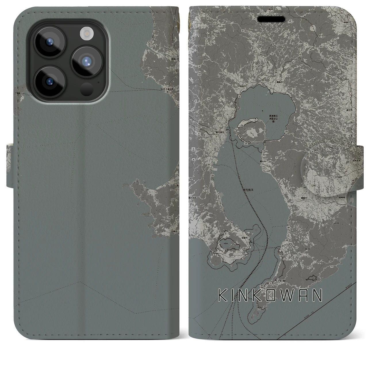 【錦江湾(鹿児島県)】地図柄iPhoneケース(手帳タイプ)モノトーン・iPhone 15 Pro Max 用