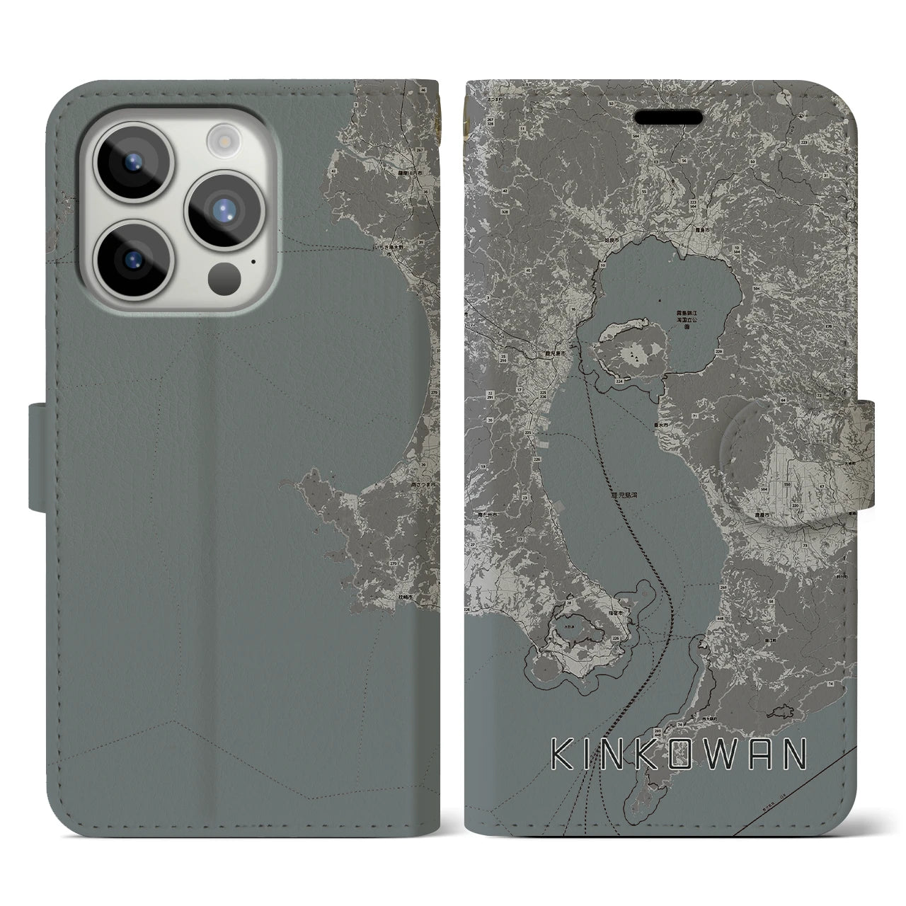 【錦江湾(鹿児島県)】地図柄iPhoneケース(手帳タイプ)モノトーン・iPhone 15 Pro 用