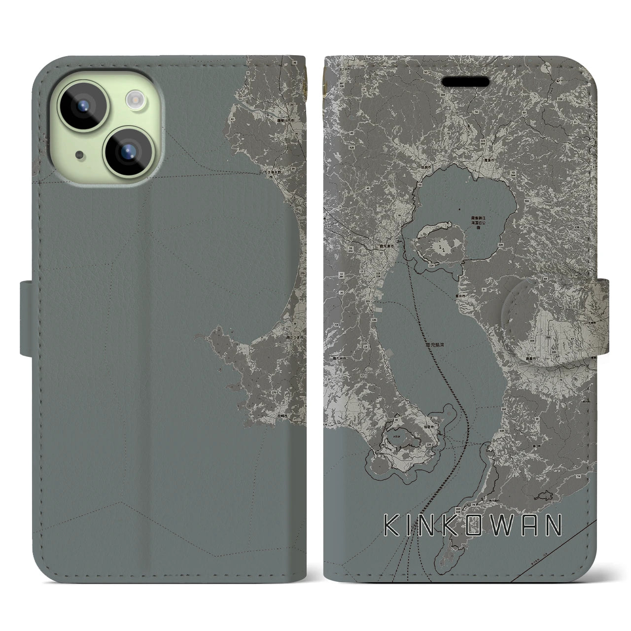 【錦江湾(鹿児島県)】地図柄iPhoneケース(手帳タイプ)モノトーン・iPhone 15 用