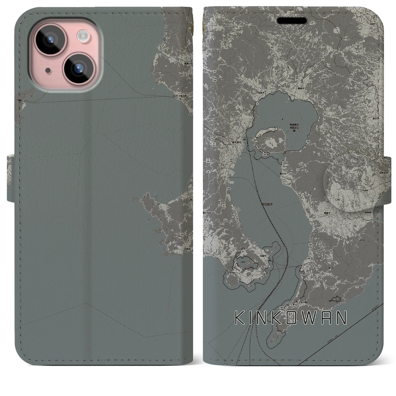 【錦江湾(鹿児島県)】地図柄iPhoneケース(手帳タイプ)モノトーン・iPhone 15 Plus 用